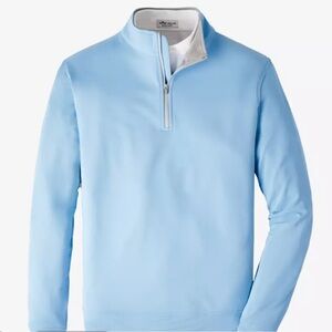 Peter Millar Light Blue Quarter-Zip Pullover with divot repair tool pattern.
